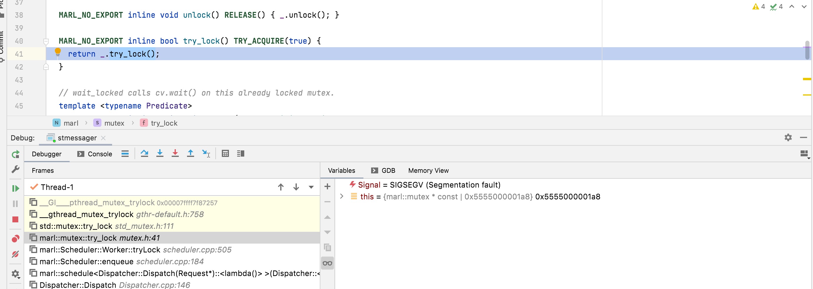 crashed when Scheduler::Worker::tryLock · Issue #256 · google/marl · GitHub