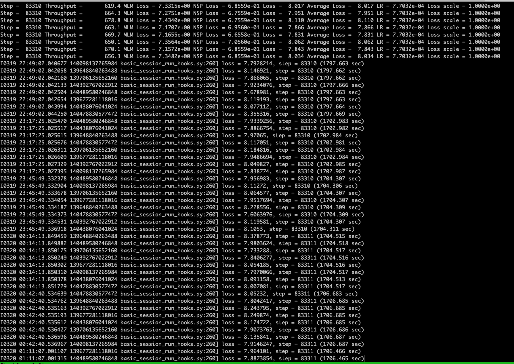 [Bert/Tensorflow] hang, keep printing loss and step during training ...