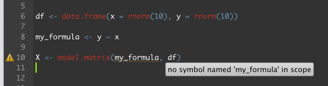 RStudio incorrectly displays a diagnostic message "no symbol ... in ...