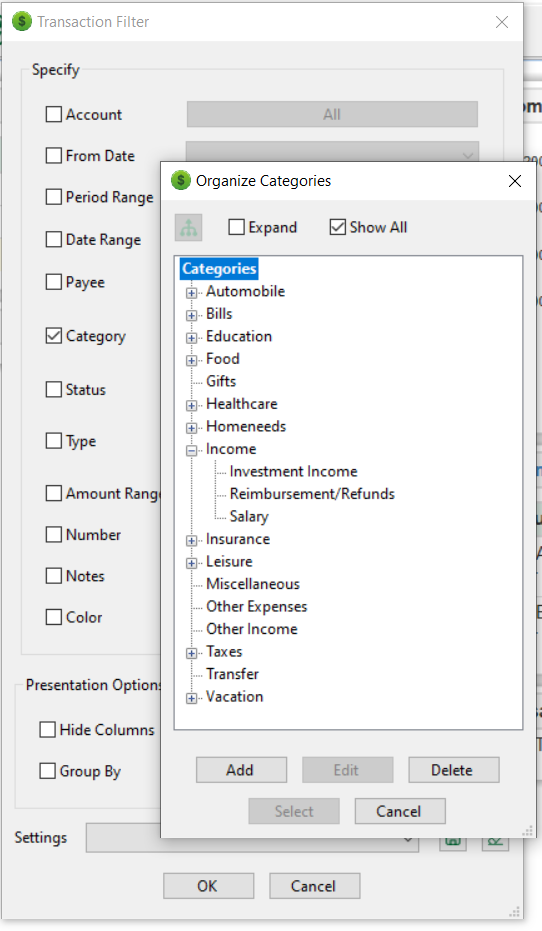 Transaction Filter: Add multiselect for categories and subcategories ...