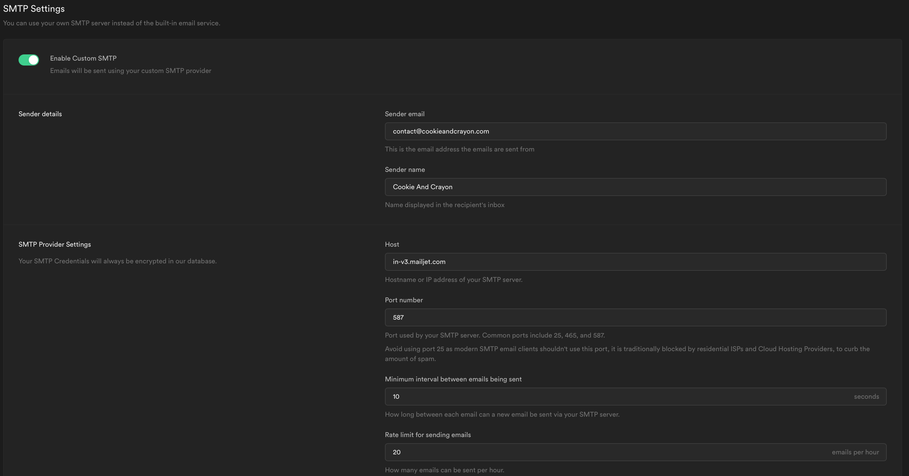 code 429, msg "Email rate limit exceeded" with custom SMTP mailjet