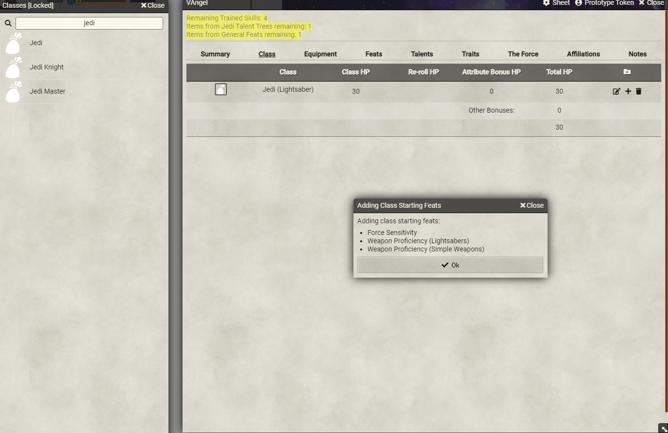 Potential Jedi class bug · Issue #216 · kypvalanx/Foundry-VTT-StarWars ...