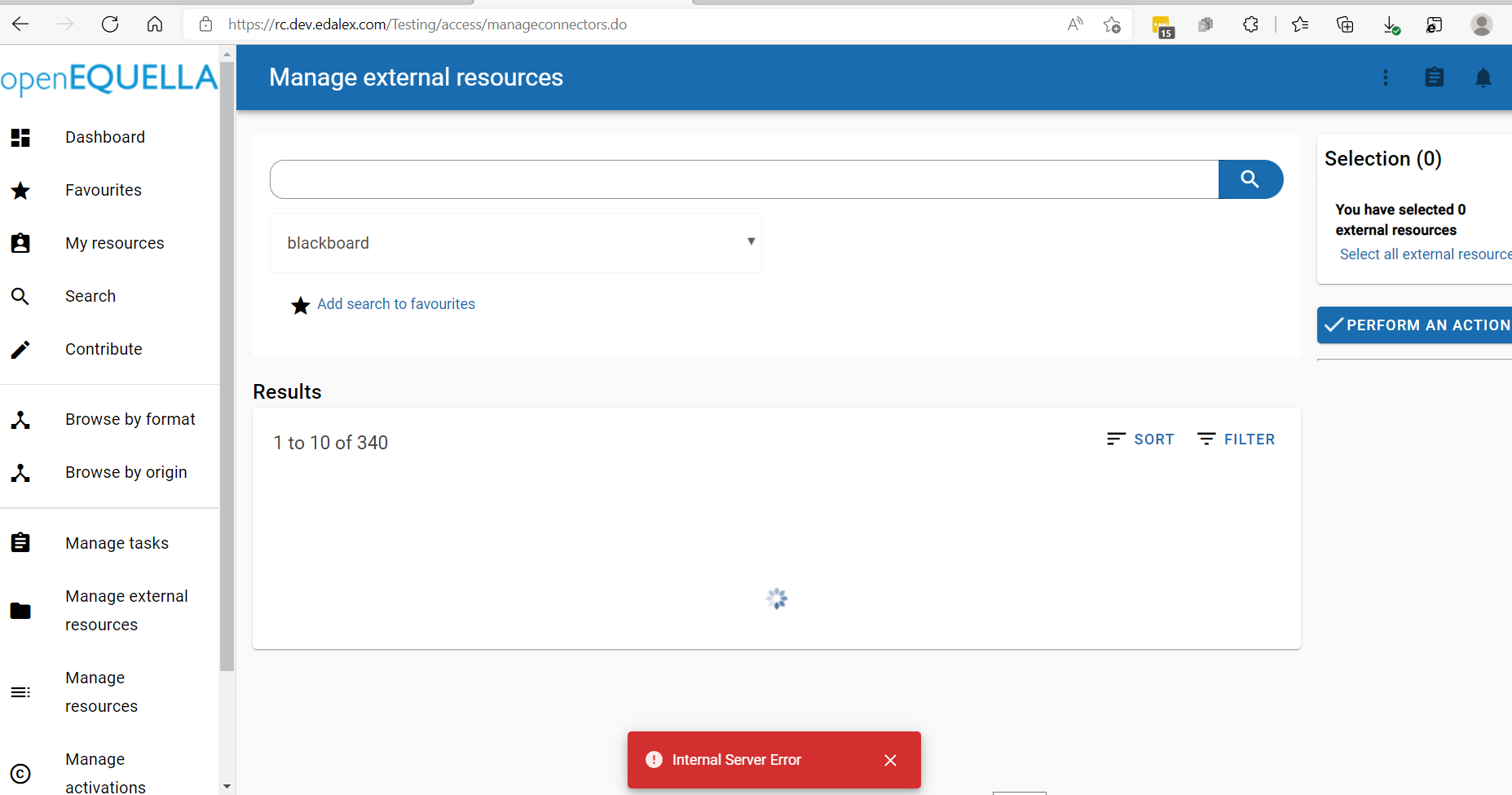 Getting error 500 when selecting blackboard connector from Manage