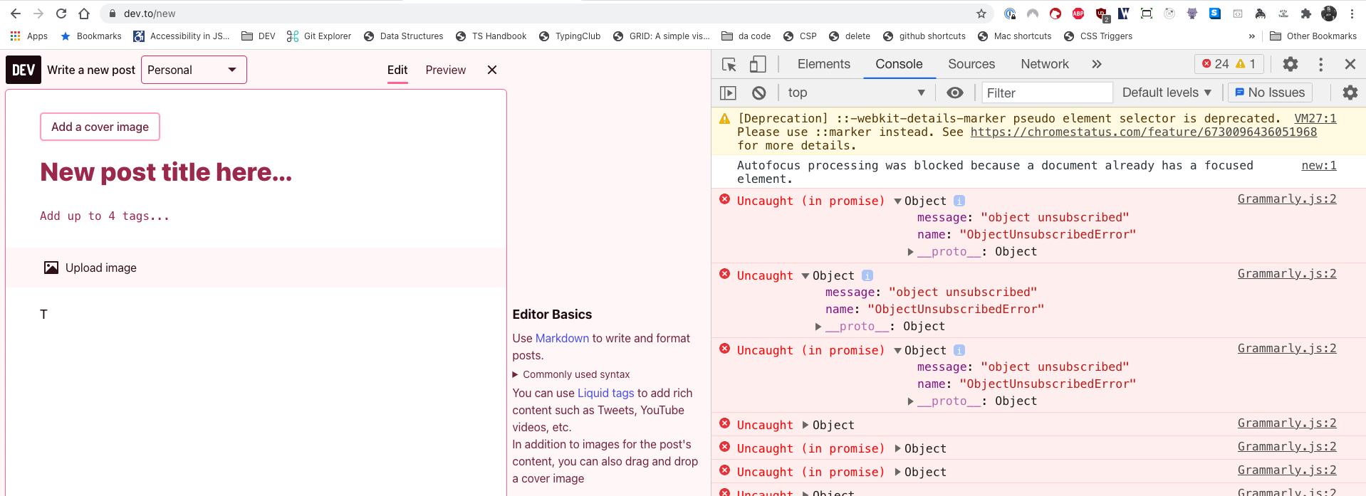 Grammarly extension causing text fields on making a new post disabled
