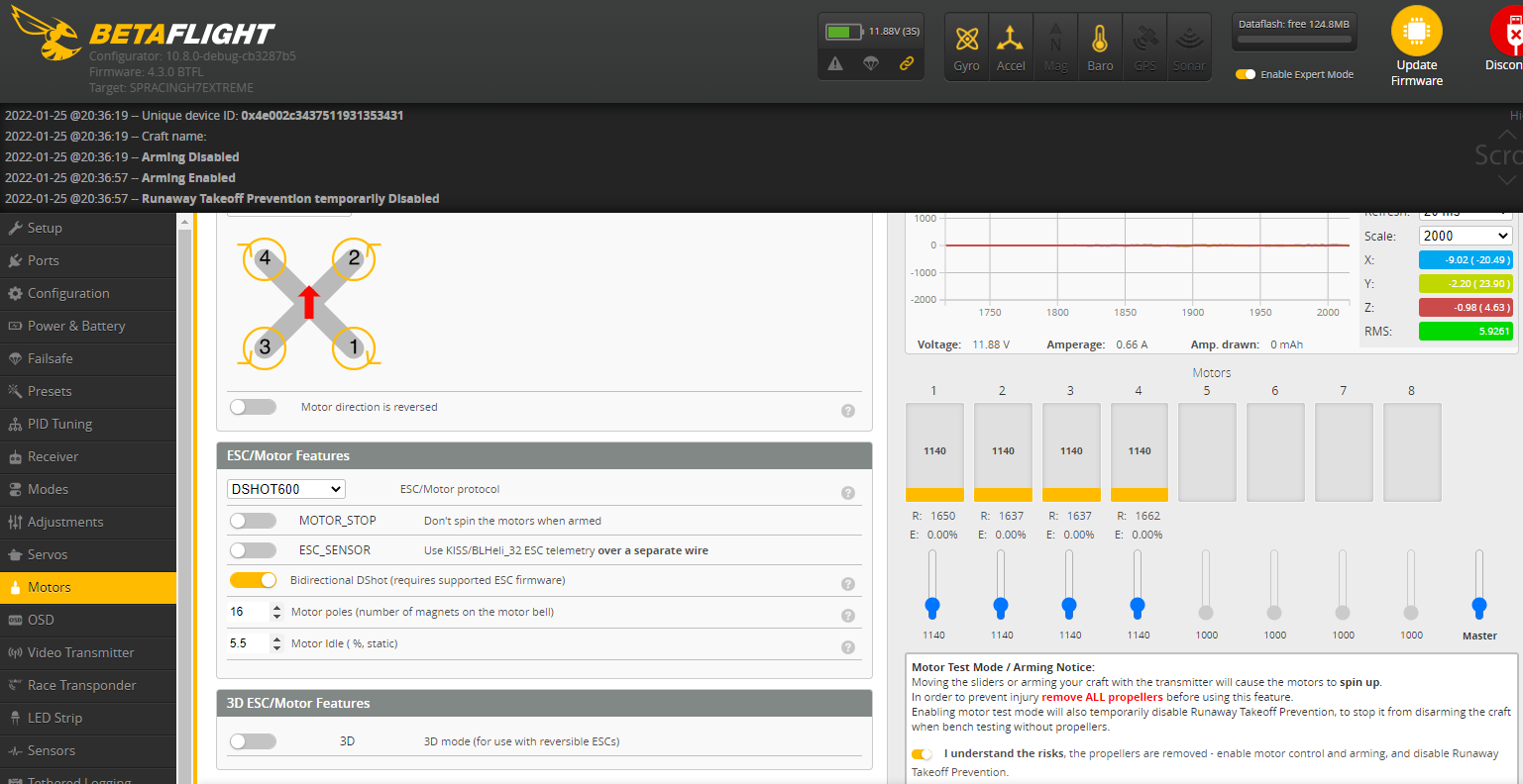 SPRacing H7 Zero Betaflight 4.3 RC1/RC2 Bidirectional dshot issue
