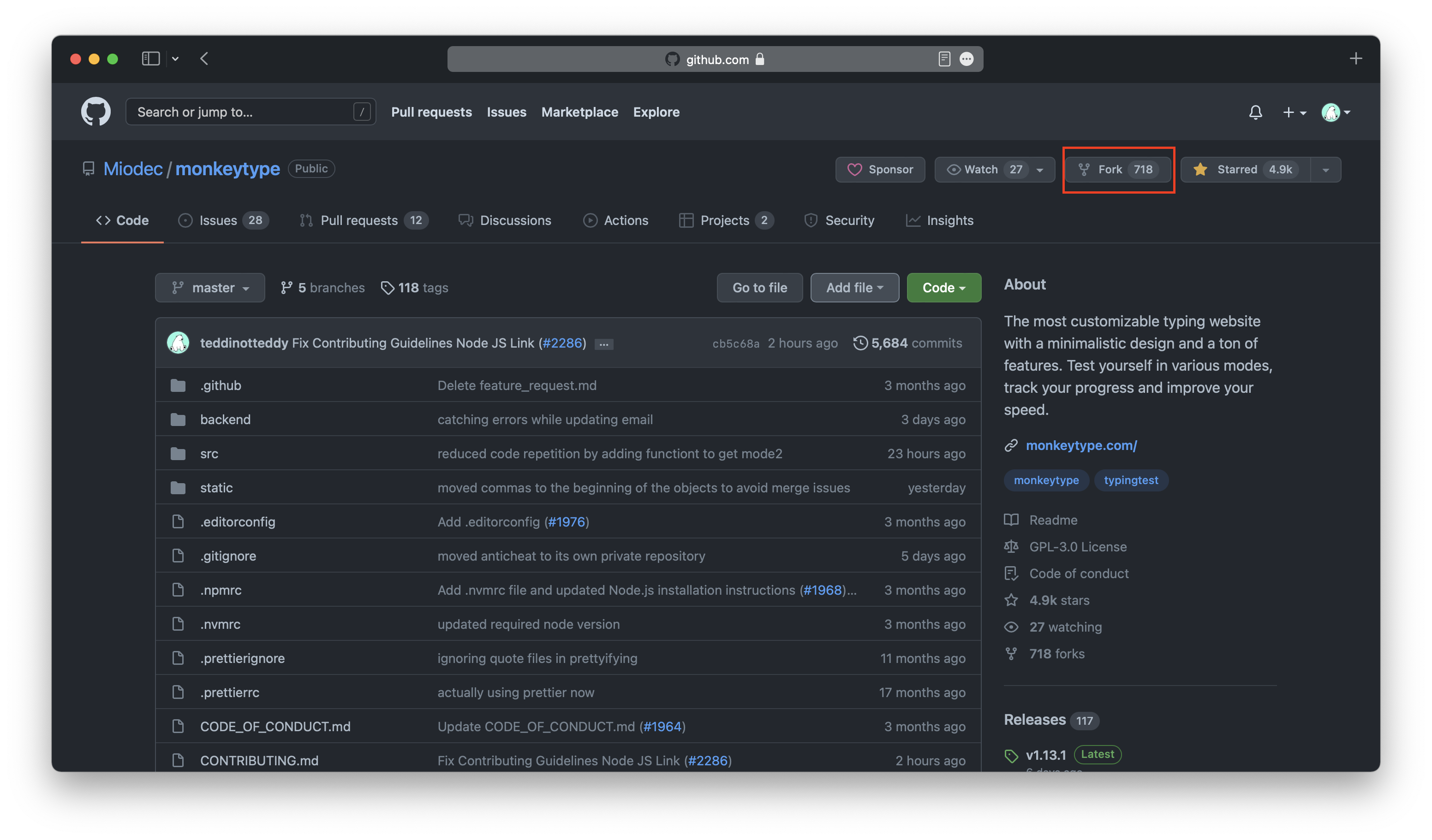 Screenshot showing location of the fork button on GitHub.