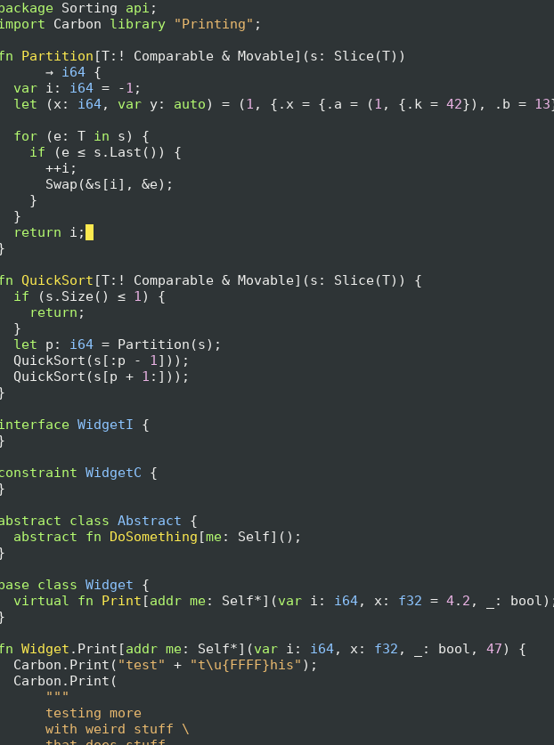 Demo of the syntax highlighting or Carbon under a dark mode