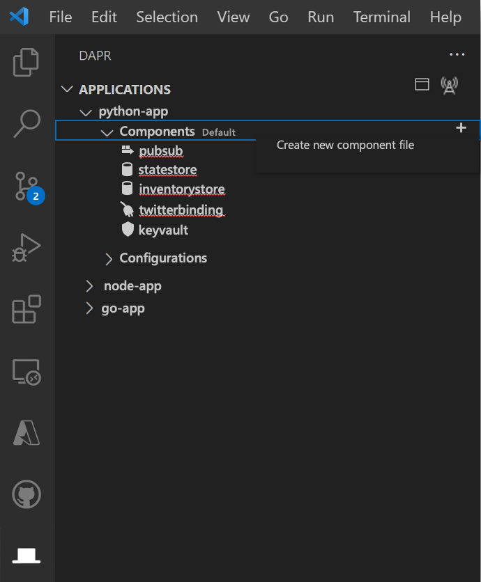 Components panel in Explorer that shows active components being used in ...