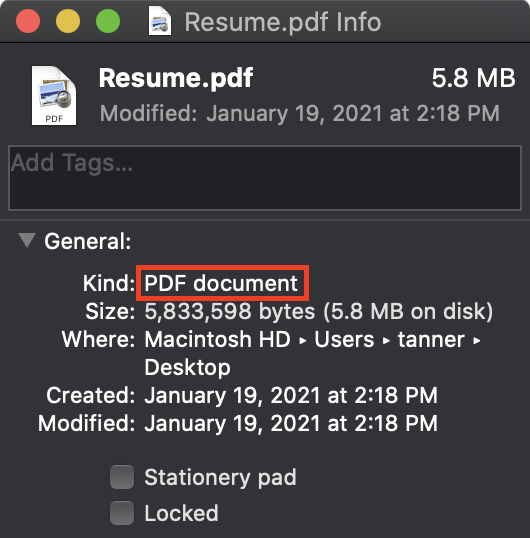 Info pane, PDF document