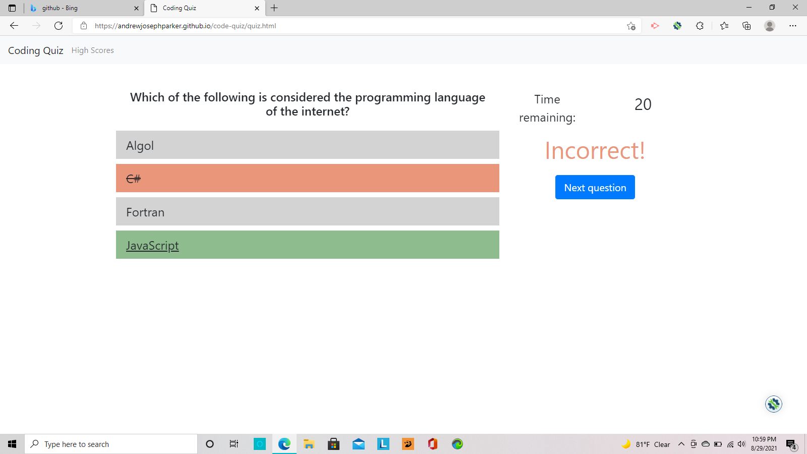 code-quiz/README.md at main · AndrewJosephParker/code-quiz · GitHub