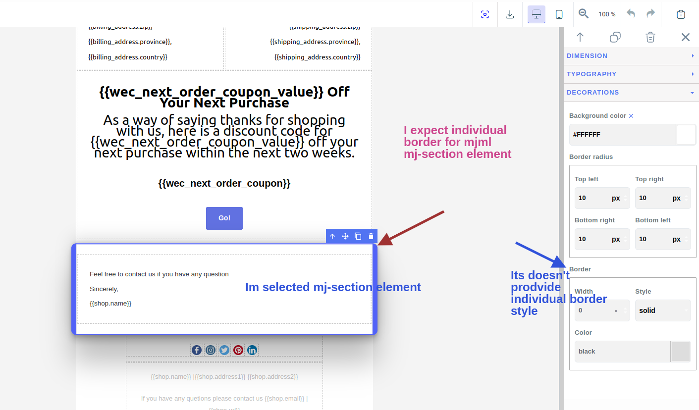Style Manager Individual border for mjml elements ( border left,border