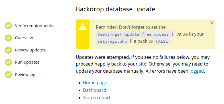 Make the reminder message about update_free_access a proper warning ...