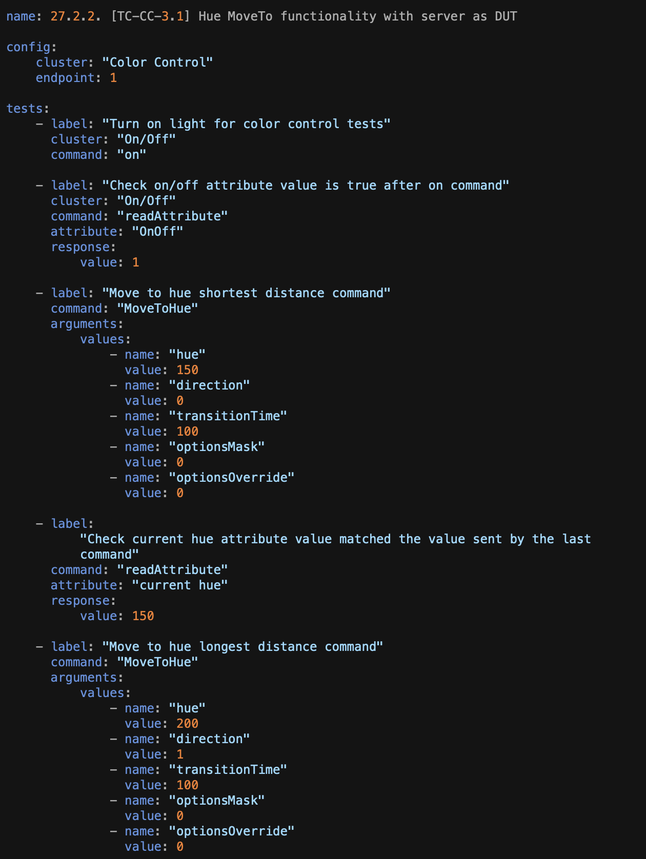 Color control cluster : Move to Hue Command with specific values to hue ...