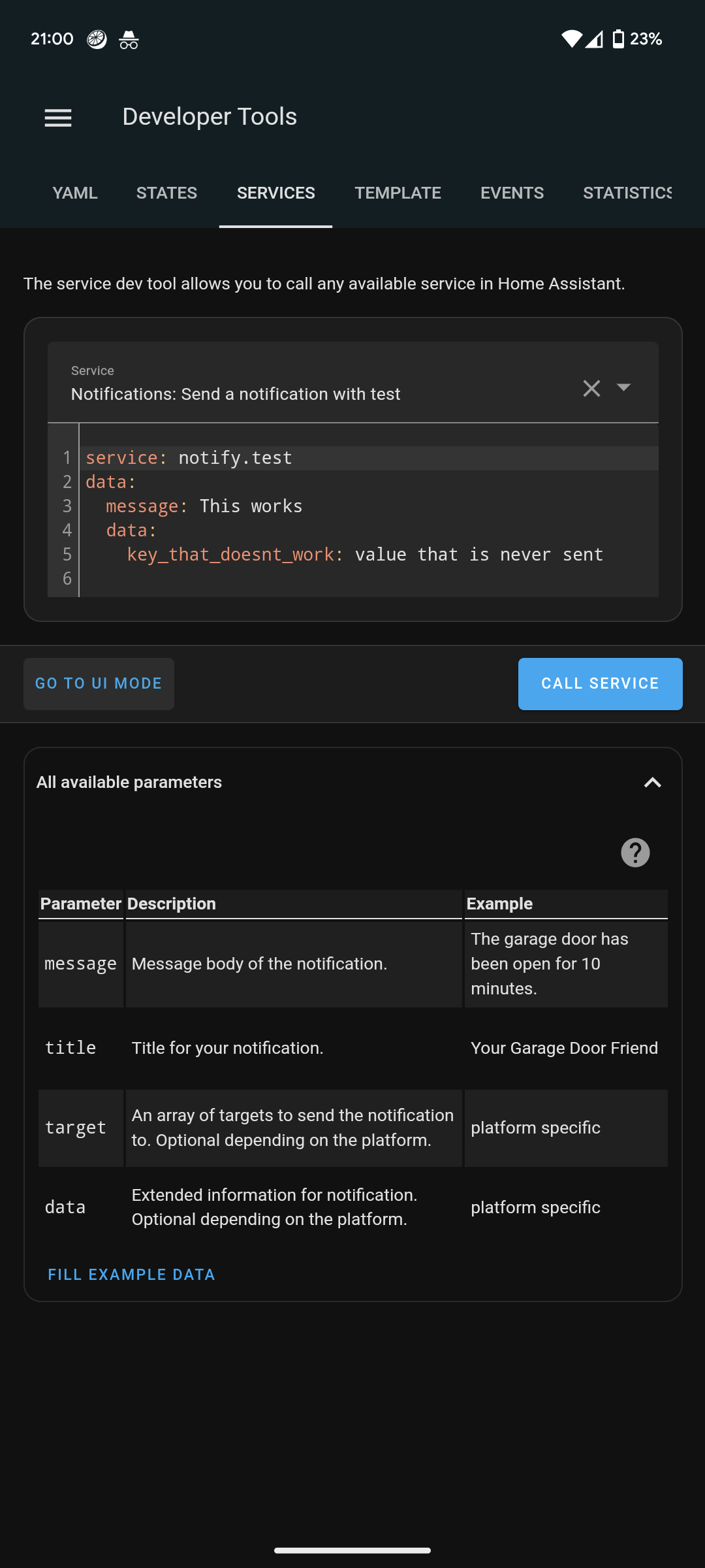 Data from Developer Tools > Service call not included in notify.rest ...