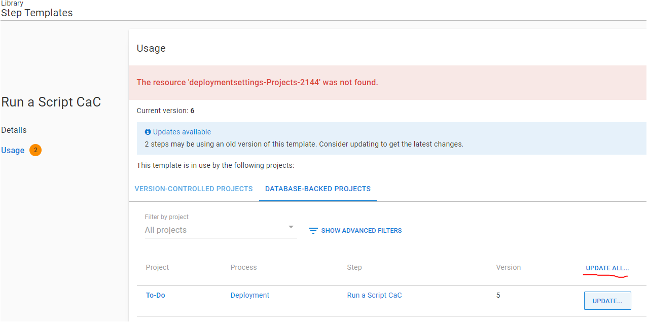 Library step template Update All button blocked when CaC and DB Backed ...