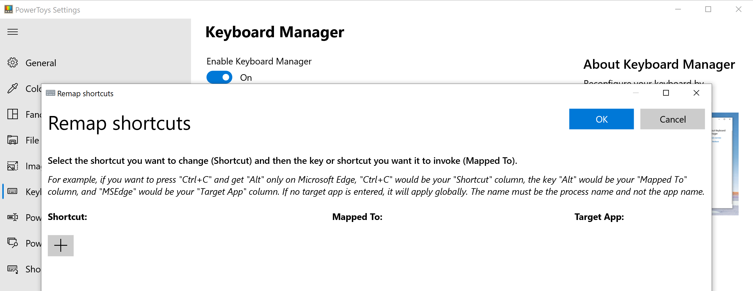 Keyboard Manager Remap shortcuts closes when you try to add a new