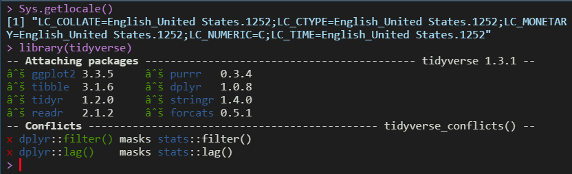 screenshot of `tidyverse` load message showing U+221A displaying as "√"