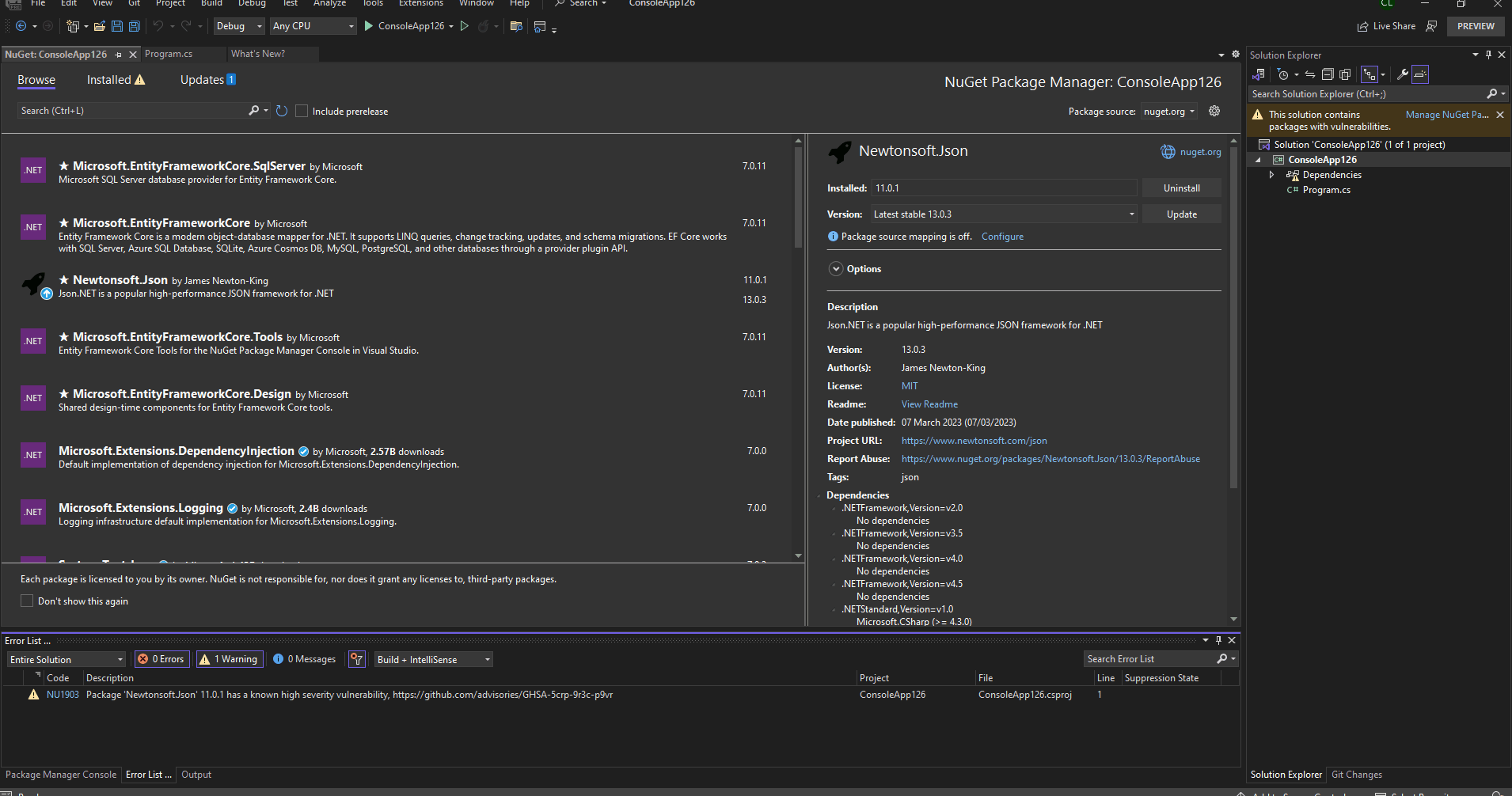 The vulnerability infobar in the solution explorer disappears when