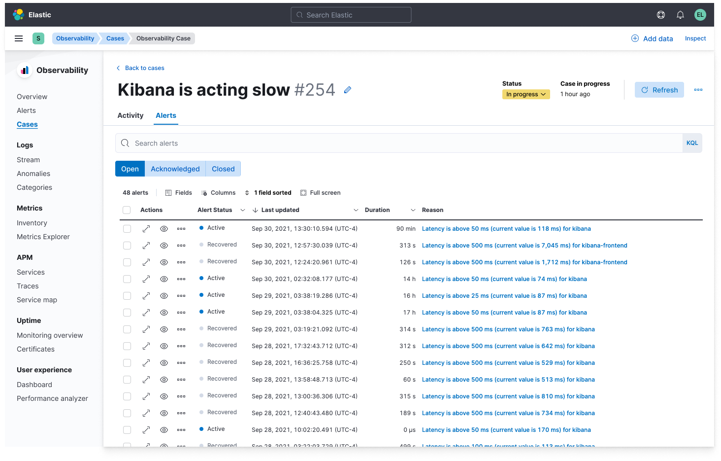 [Cases] Add view to see list of alerts on Case detail page. · Issue