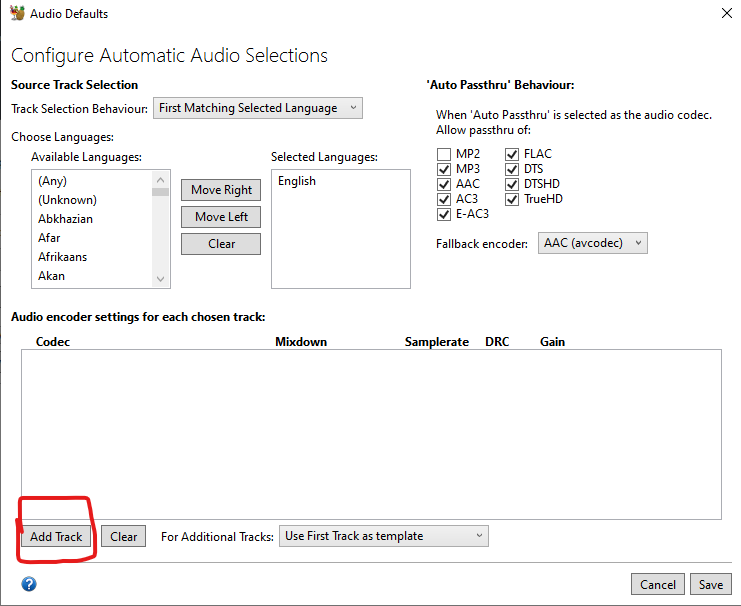 Cannot add audio track to Configure Automatic Audio Selections audio