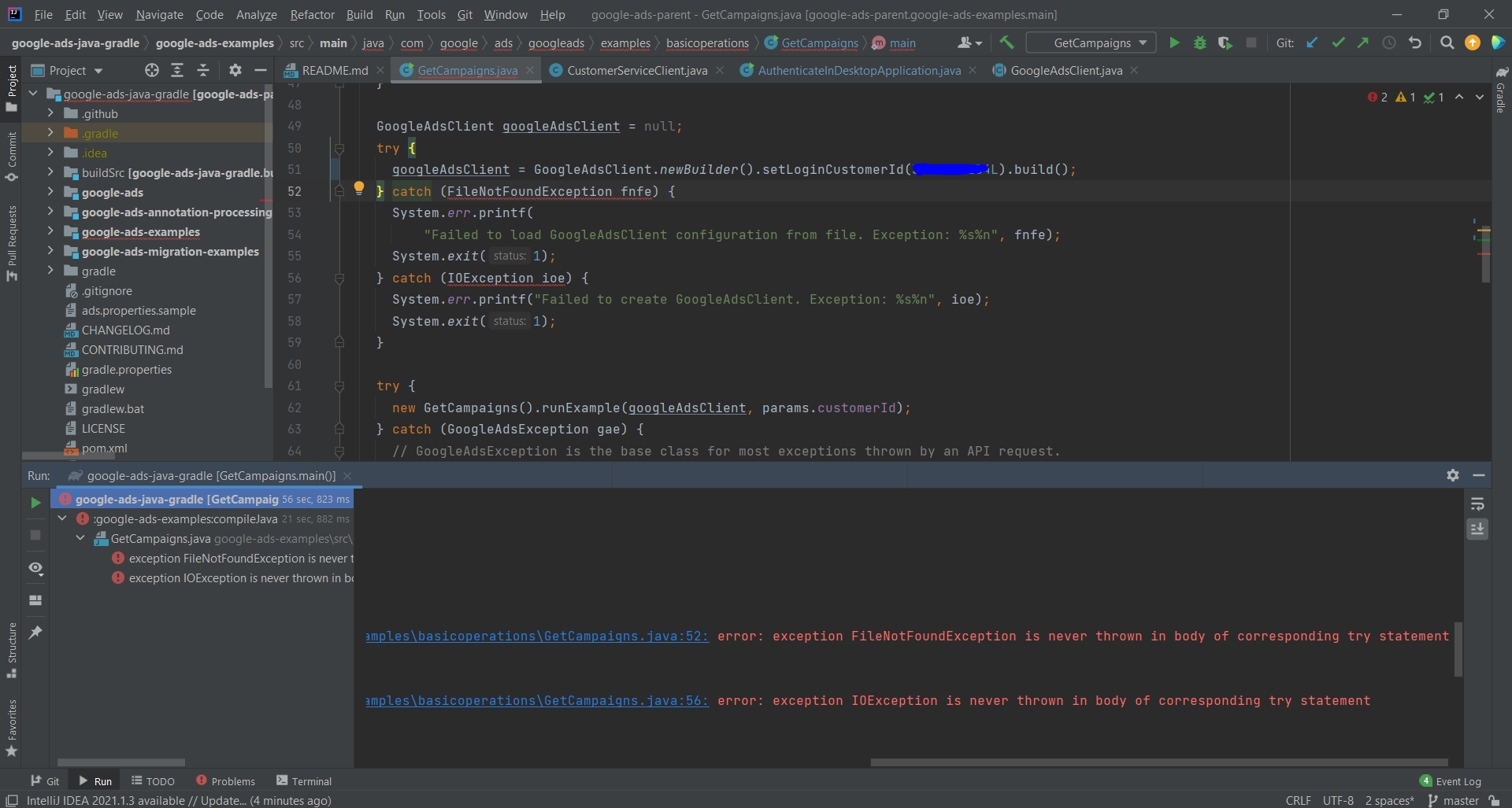 error integer number too large googleAdsClient.newBuilder
