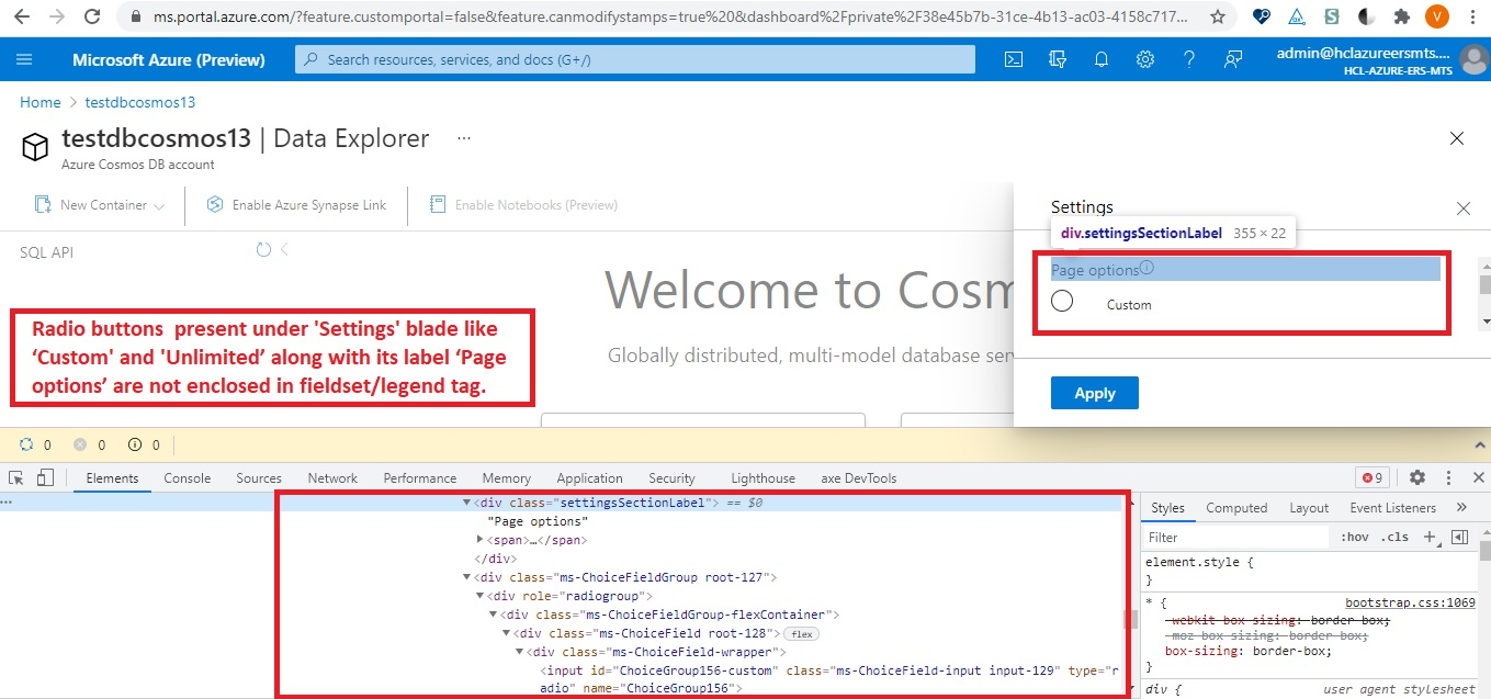 Radio buttons present under 'Settings' blade like ‘Custom and Unlimited