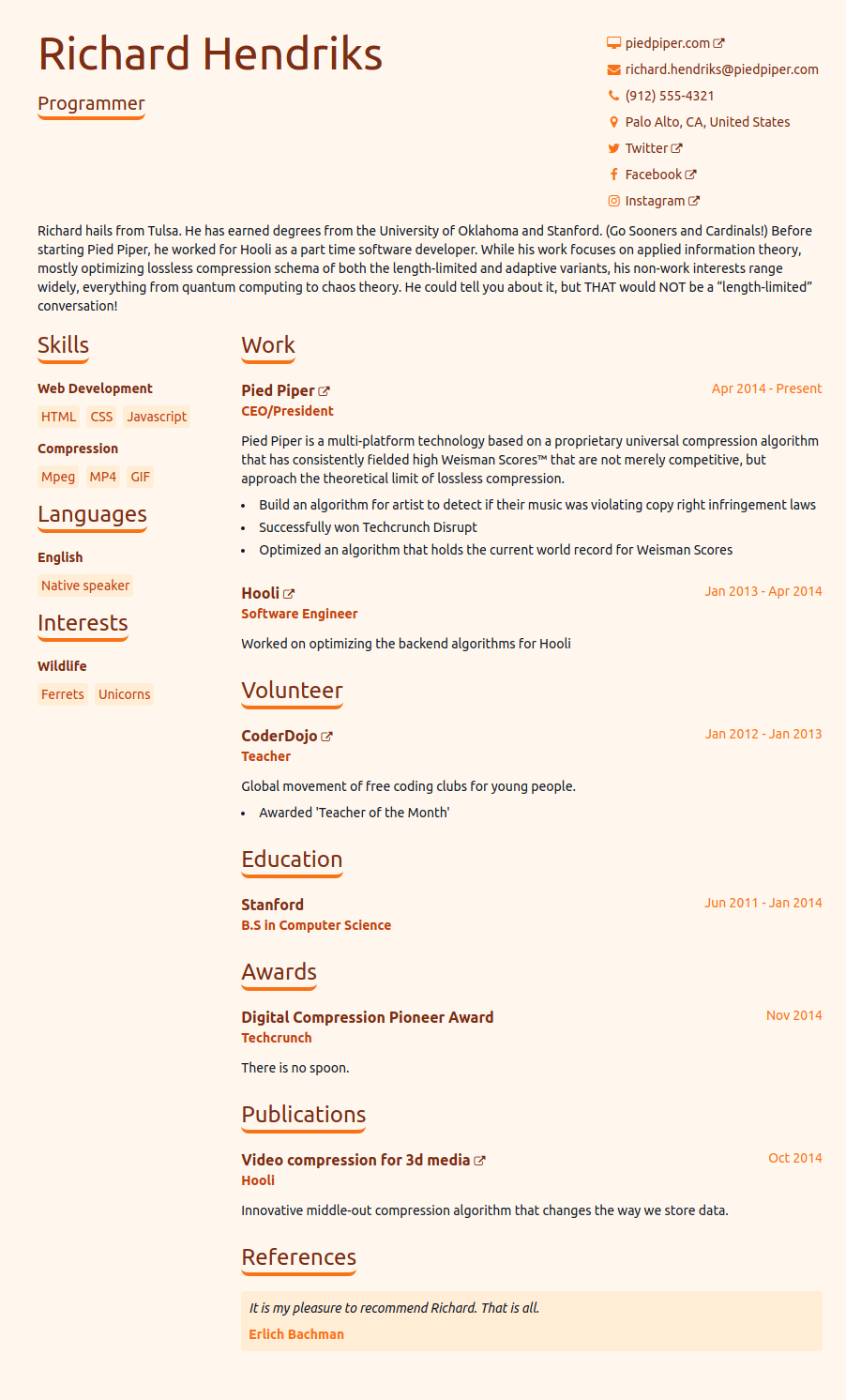 Preview of a resume using the Autumn theme