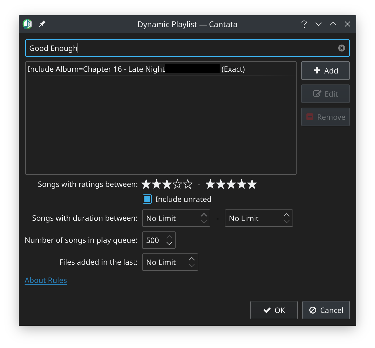 Dynamic Playlist with minimum and maximum rating range and "include ...