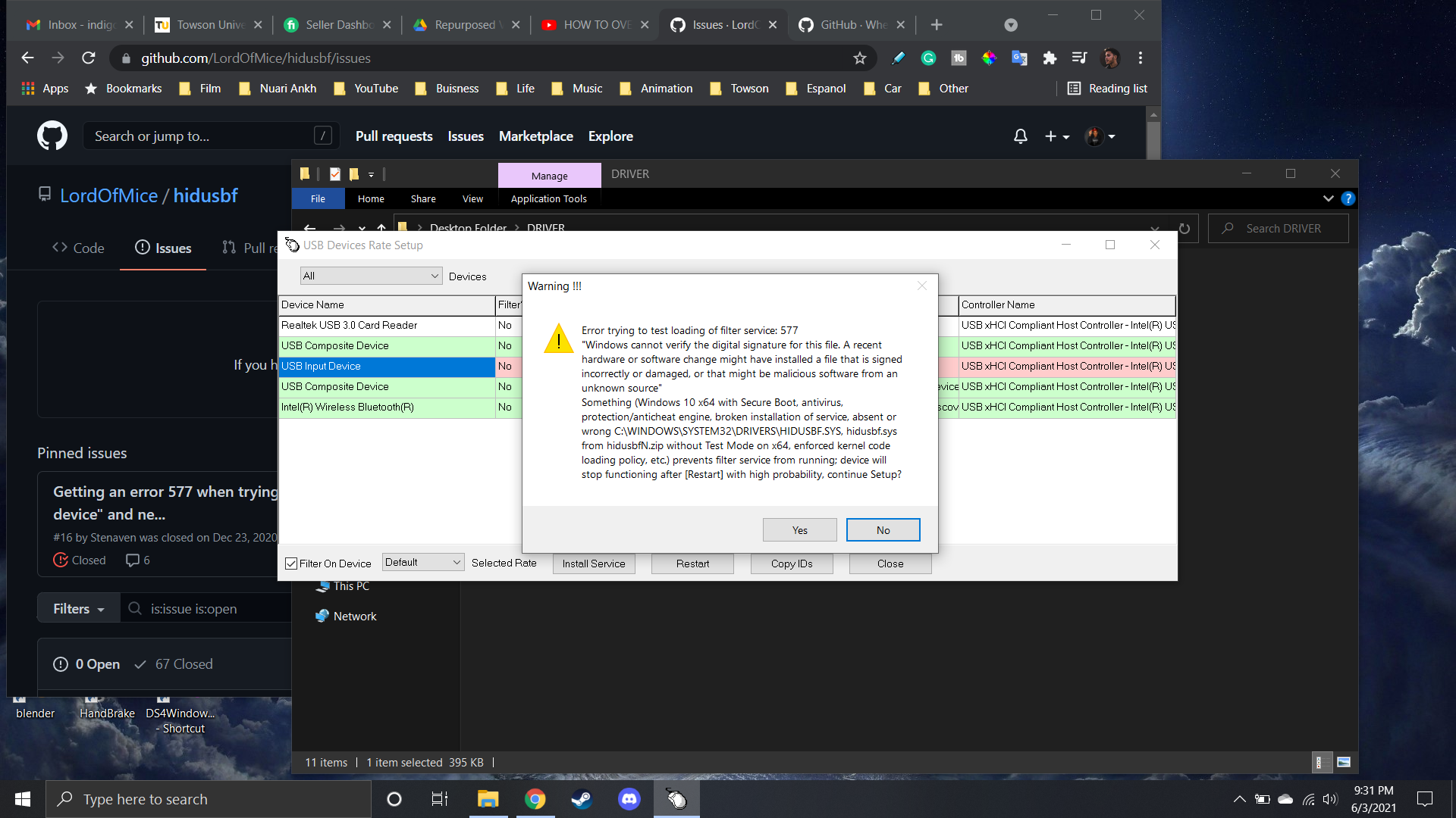 Device will stop funcioning after restart? Error Trying to test loading