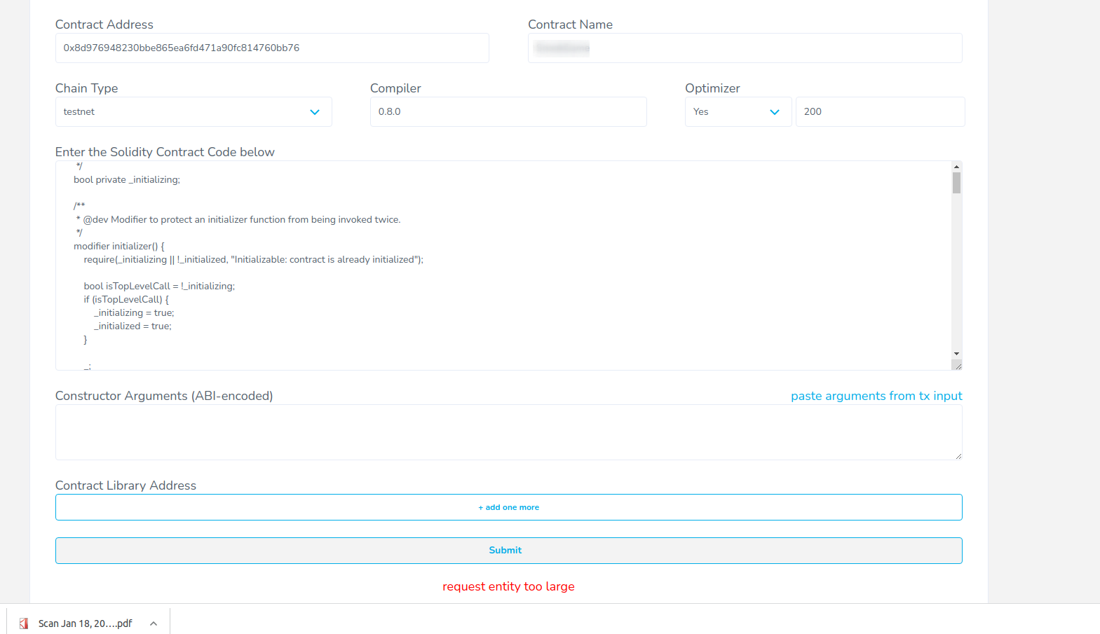 Request entity too large during an attemp to verify a contract on test net  · Issue #115 · harmony-one/explorer-v2-frontend