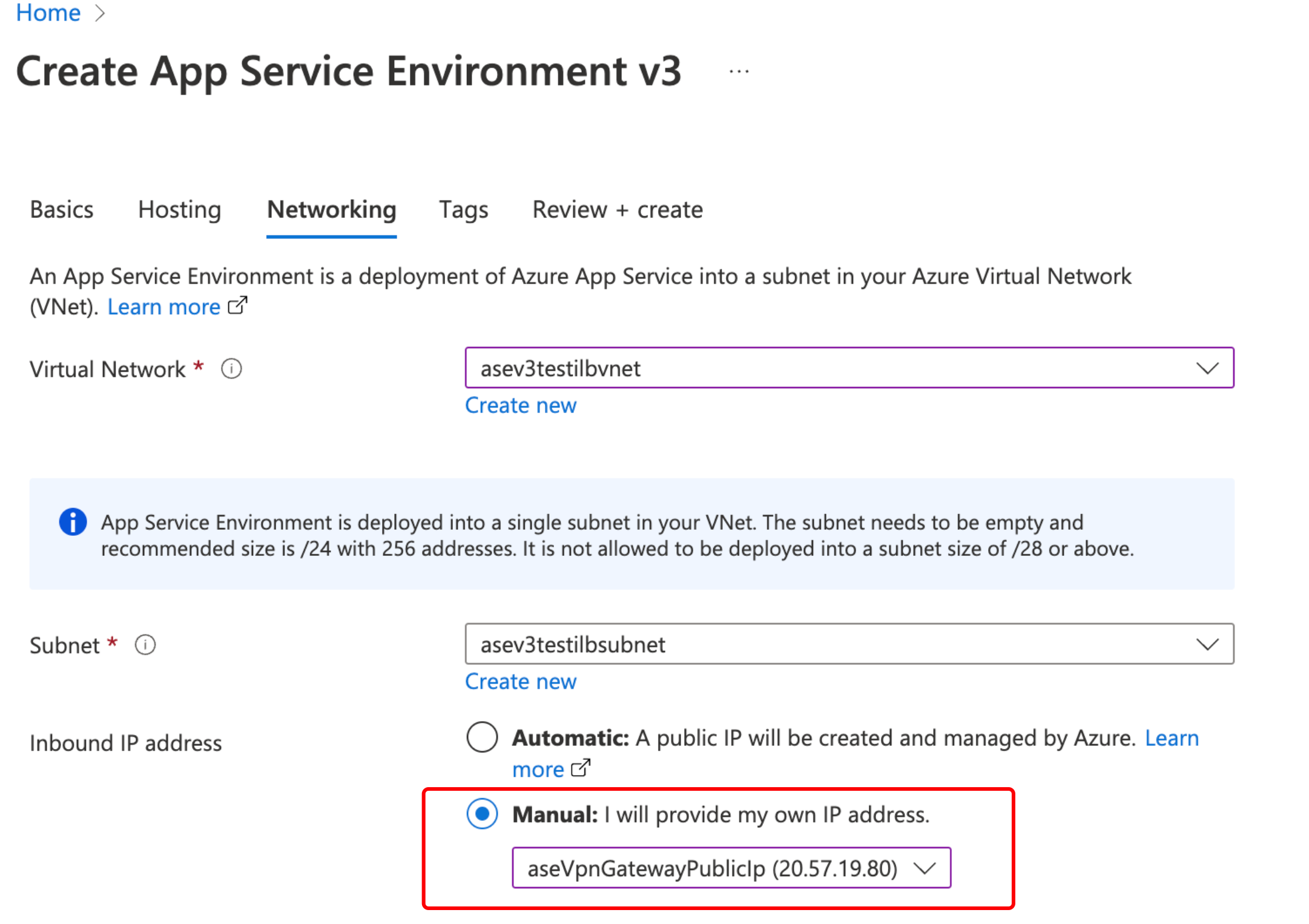 How to publish external ASEv3 with manual assign IP in ARM template