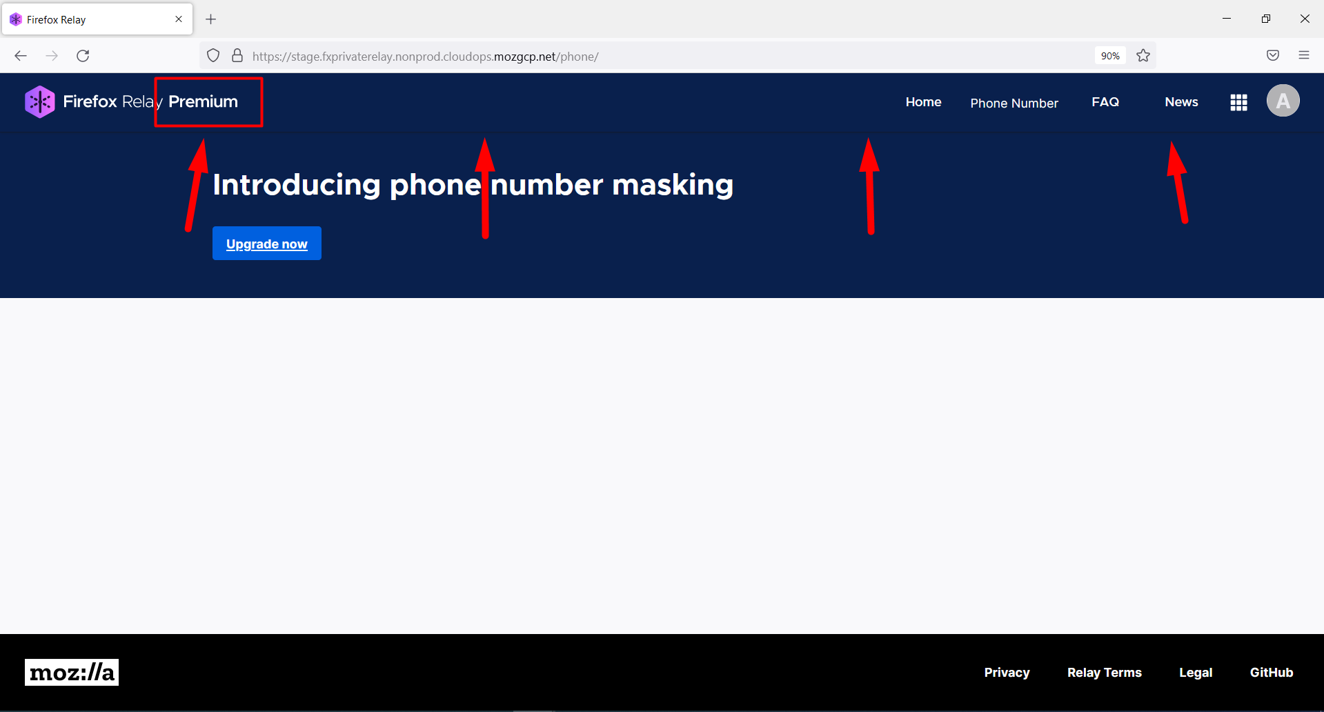 The Relay site header a Premium user sees on the Phone Number page is