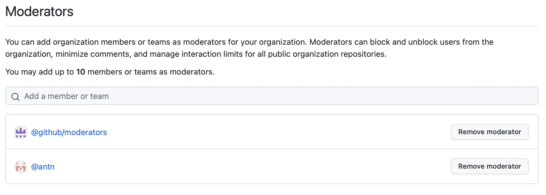 Organization moderators settings page