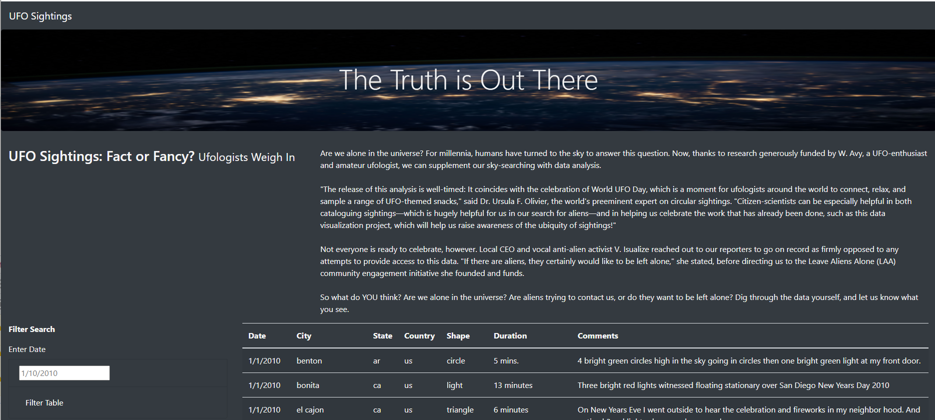 GitHub - AKumar1-lab/UFOs: Module 11 - UFO Sightings using JavaScript ...
