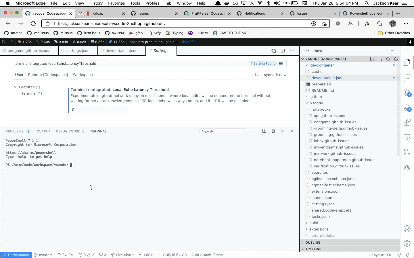 Powershell local echo on codespaces breaks responses until resize