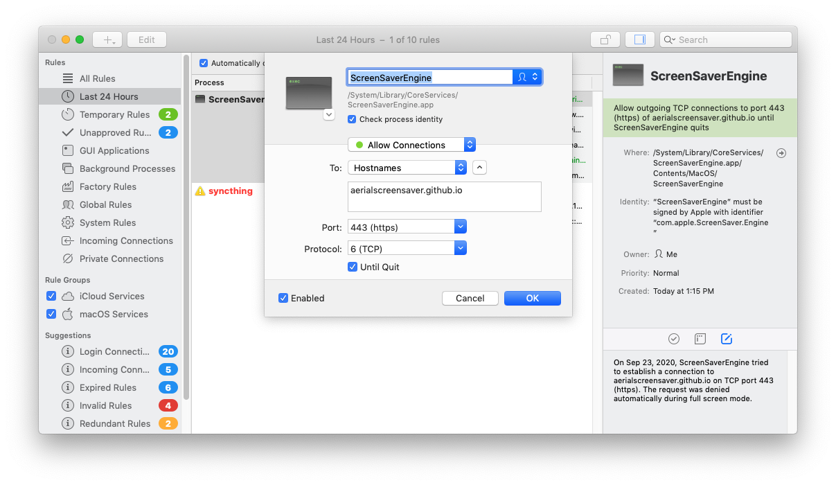 Allow connections to hostnames aerialscreensaver.github.io in Little Snitch