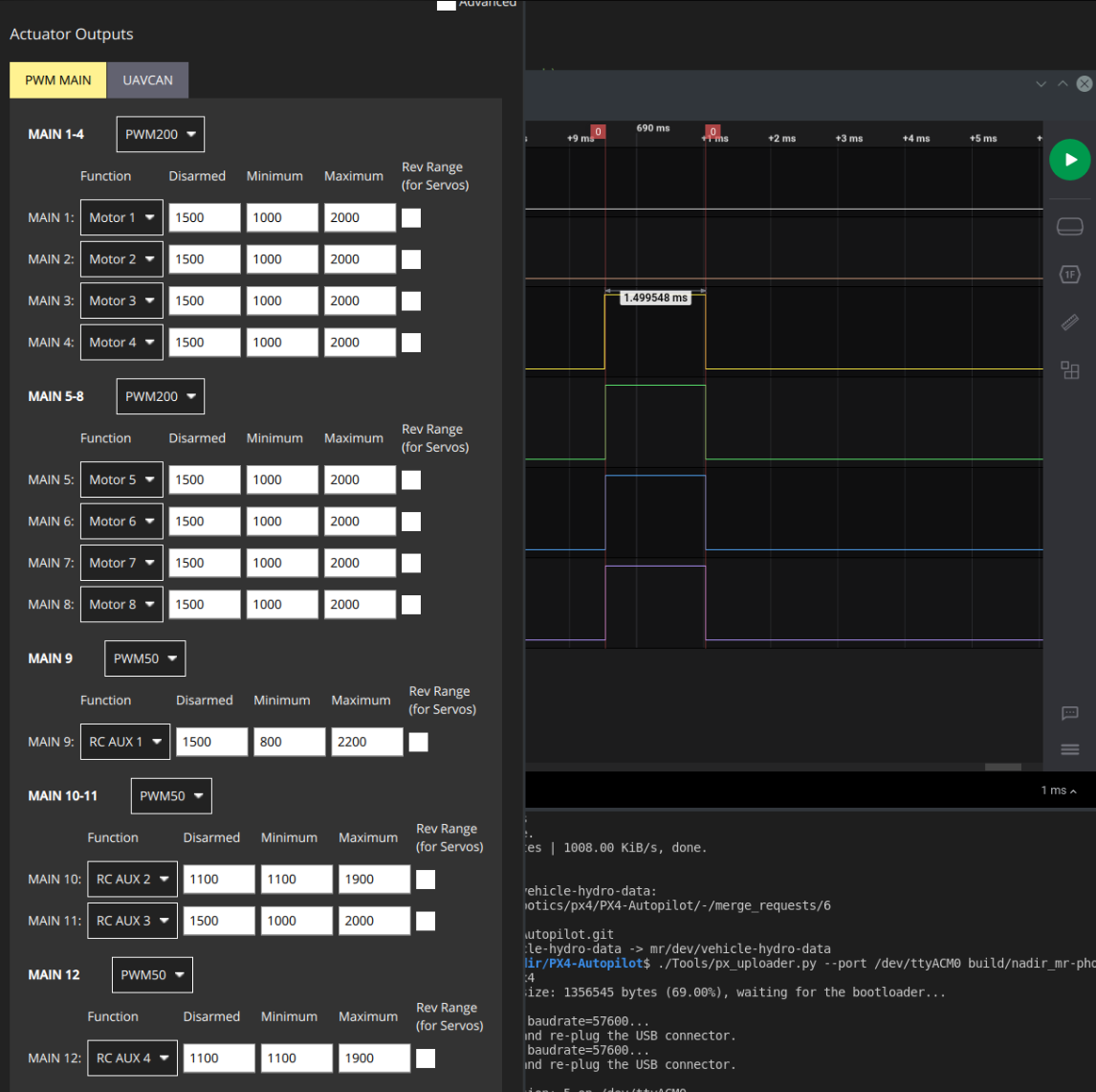 PX4 Aux output ports not outputting PWM signal when using RC