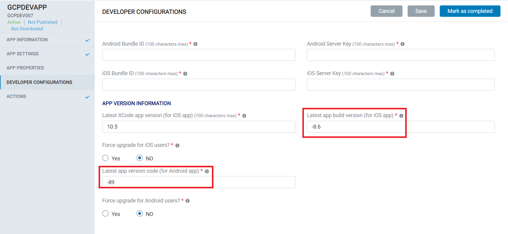 [SB] [Manage Apps] Developer Configuration > Latest app build version ...