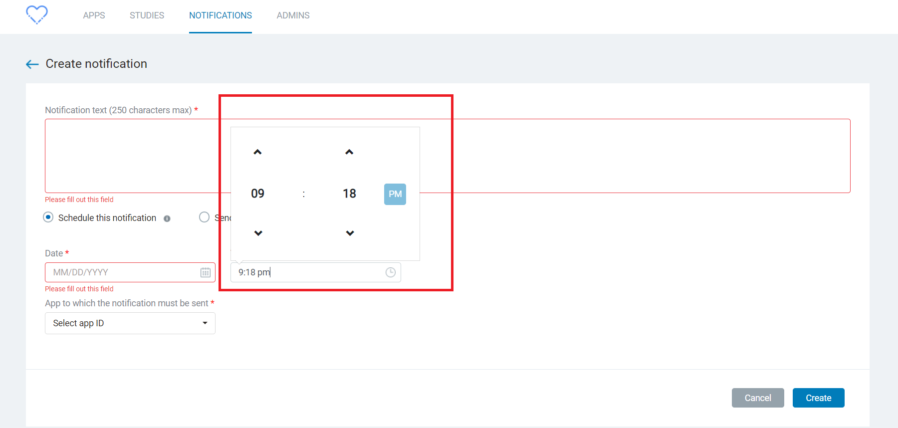[VAPT] [SB] Notifications section > Create / Edit notification screen ...