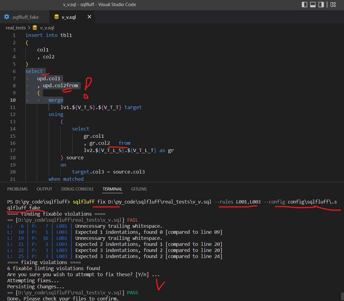 L001 leaves weird indentation for SQL code containing MERGE and ...
