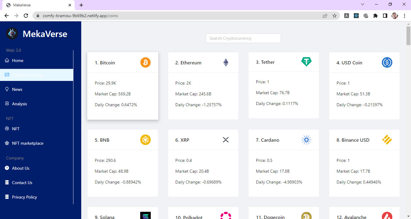 GitHub - Sumitmaithani/MekaVerse: MekaVerse is the one place in which you  get all cryptocurrency prices, details, history of coins, price charts,  news with a filter option to get specific coin news and