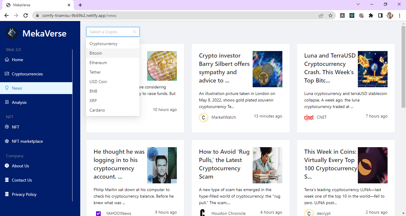 GitHub - Sumitmaithani/MekaVerse: MekaVerse is the one place in which you  get all cryptocurrency prices, details, history of coins, price charts,  news with a filter option to get specific coin news and