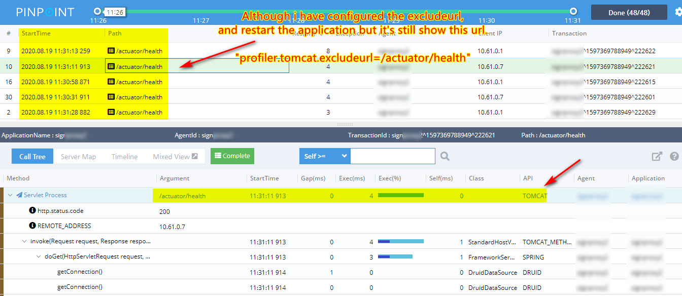 exclude url configuration is not working, eg /actuator/health