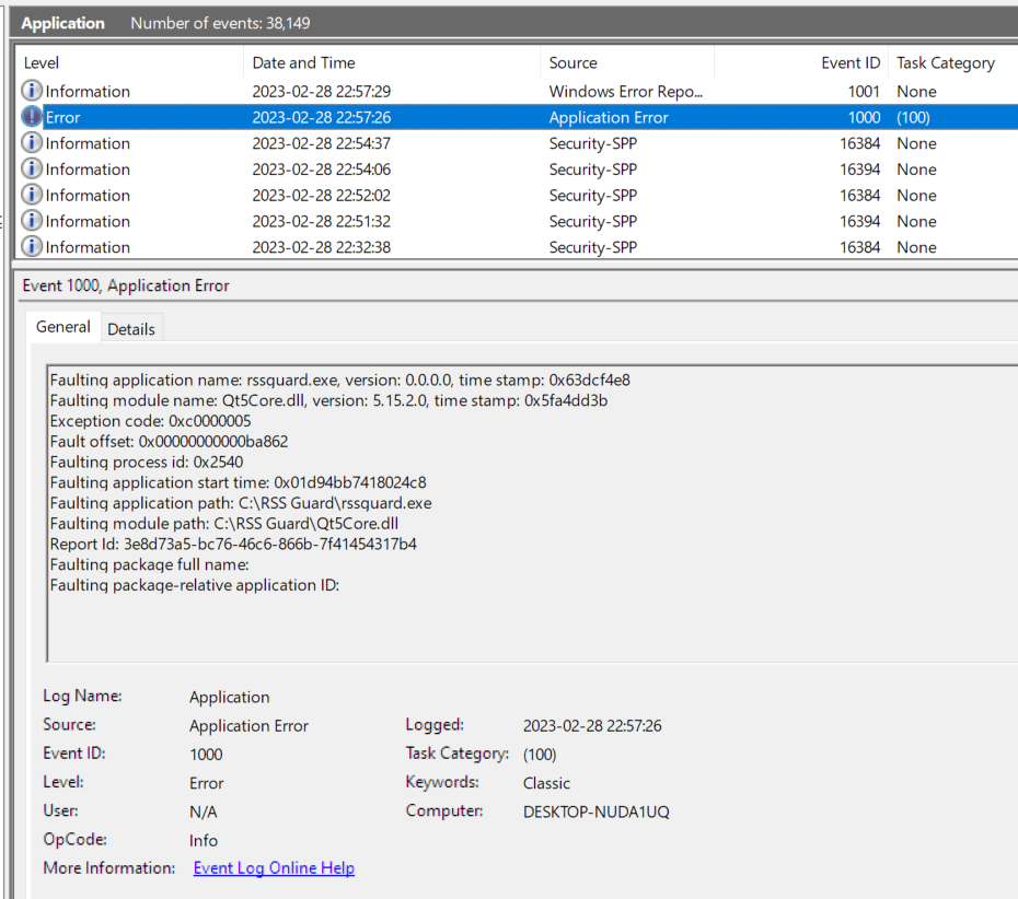 Windows Event Viewer entry