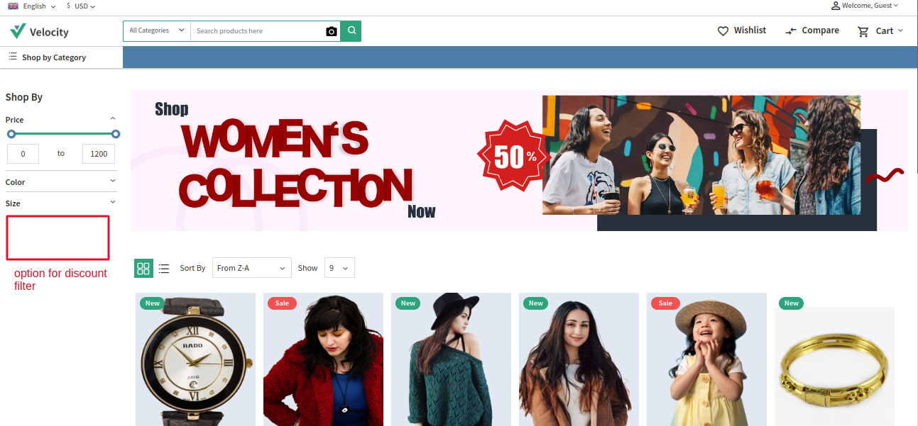 The discount filter should be available on the product list page