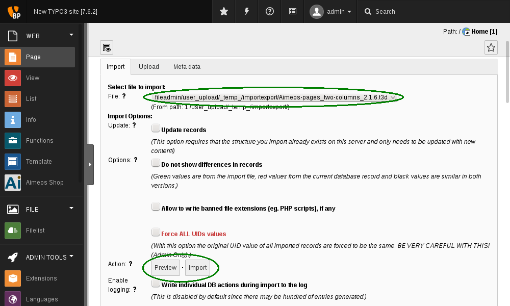 Import the uploaded page tree file