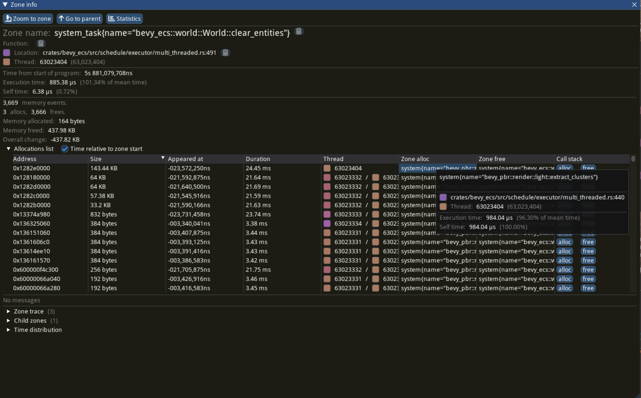 A table in the Tracy GUI showing details of the allocations which occurred during a span