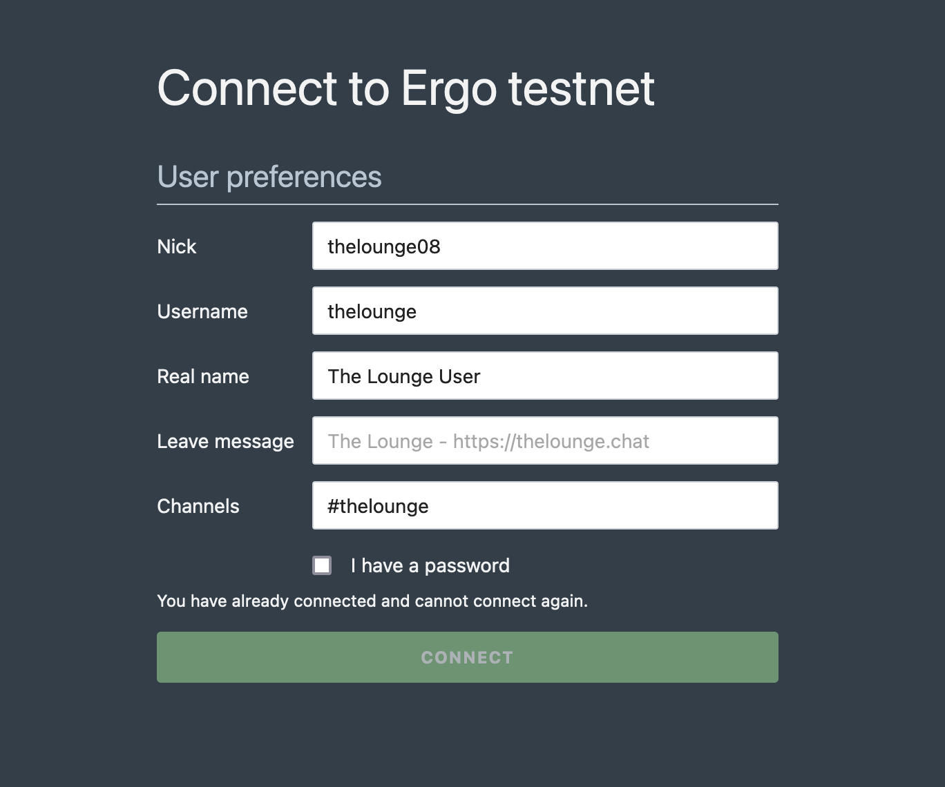 e connect form with the message 'You are you already connected and cannot connect again.' above the connect button