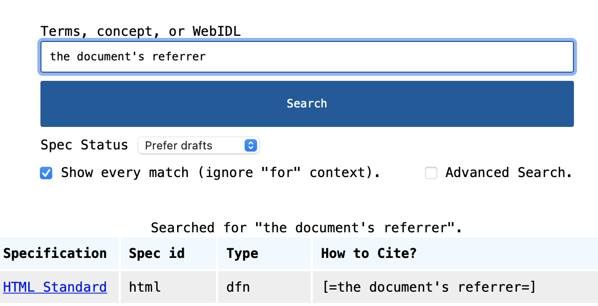 Screenshot of the XREF search interface