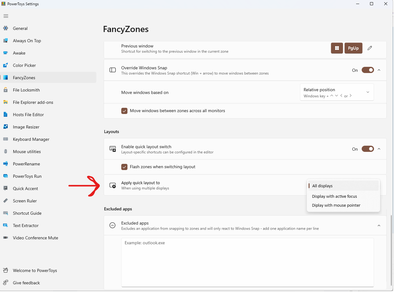 When using multiple displays, make layout shortcut key in FancyZones work on (i) all displays